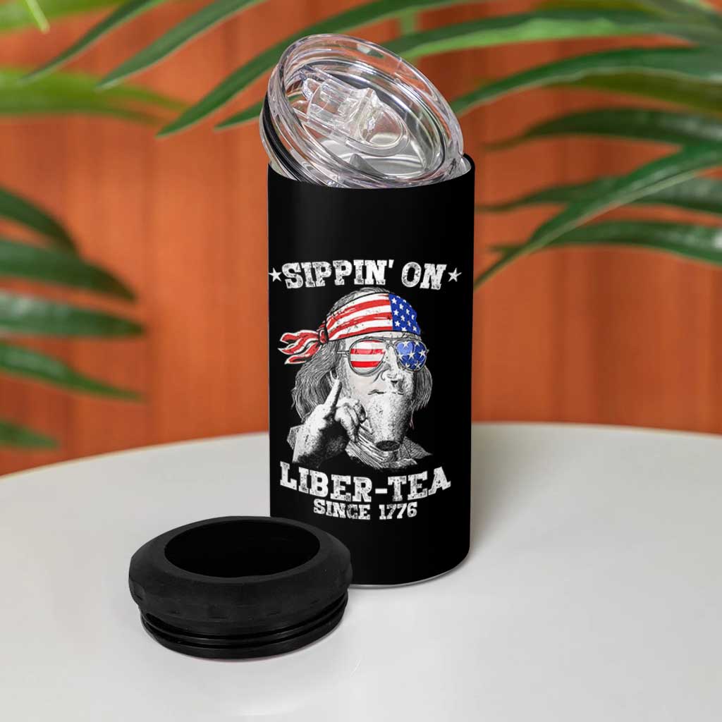 Funny 4th Of July 4 in 1 Can Cooler Tumbler Sippin On Liber Tea Liberty Ben Franklin 1776 USA Flag - Wonder Print Shop