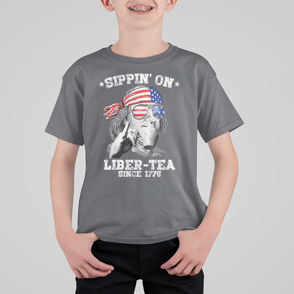 Funny 4th Of July T Shirt For Kid Sippin On Liber Tea Liberty Ben Franklin 1776 USA Flag - Wonder Print Shop