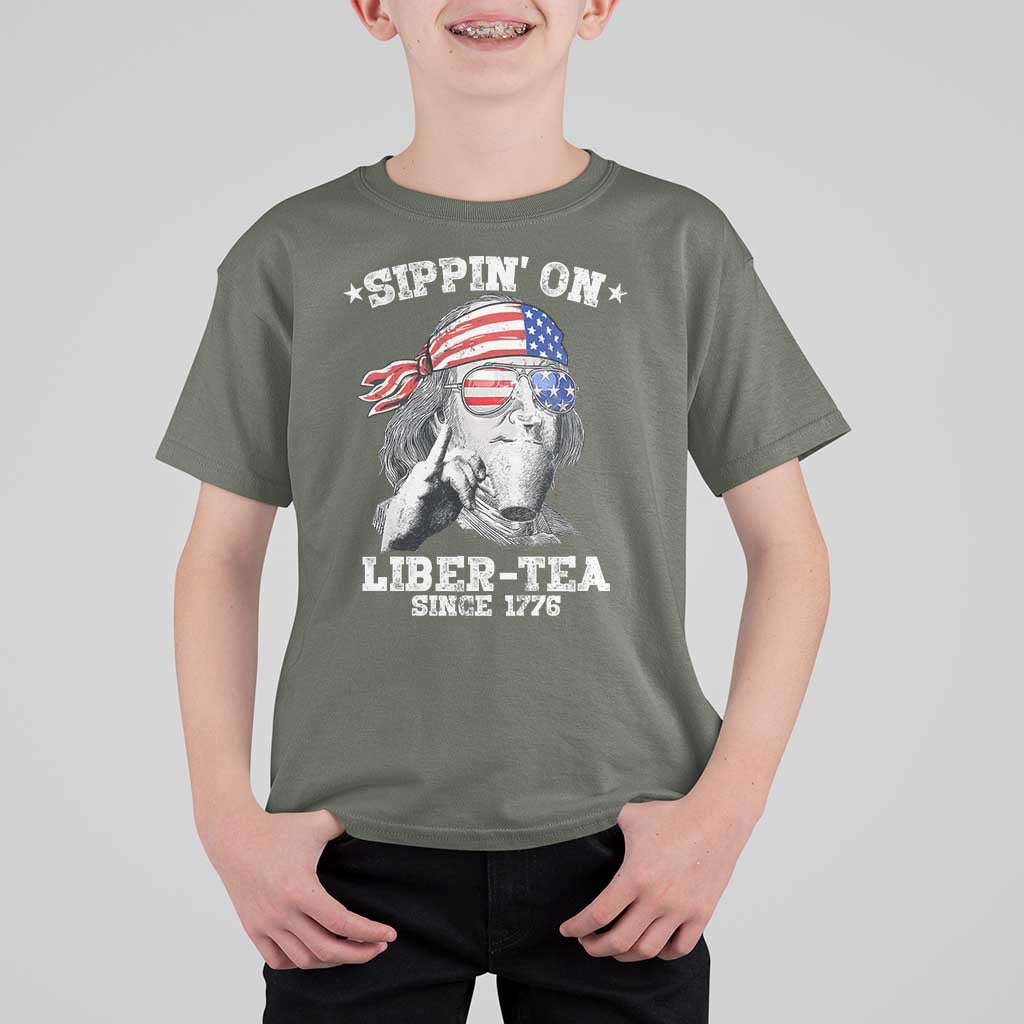 Funny 4th Of July T Shirt For Kid Sippin On Liber Tea Liberty Ben Franklin 1776 USA Flag - Wonder Print Shop