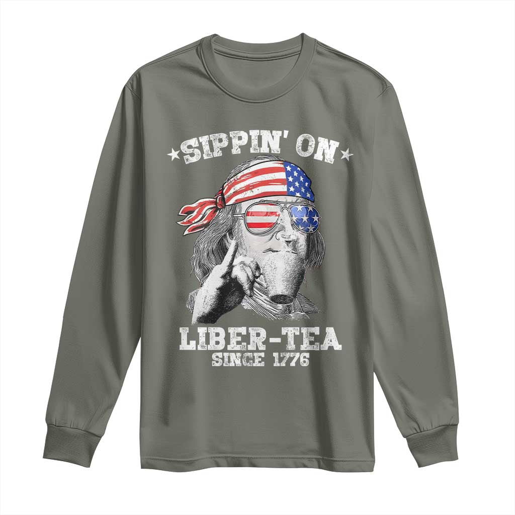 Funny 4th Of July Long Sleeve Shirt Sippin On Liber Tea Liberty Ben Franklin 1776 USA Flag - Wonder Print Shop