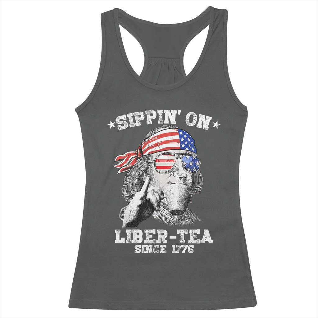 Funny 4th Of July Racerback Tank Top Sippin On Liber Tea Liberty Ben Franklin 1776 USA Flag - Wonder Print Shop
