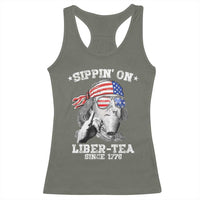 Funny 4th Of July Racerback Tank Top Sippin On Liber Tea Liberty Ben Franklin 1776 USA Flag - Wonder Print Shop