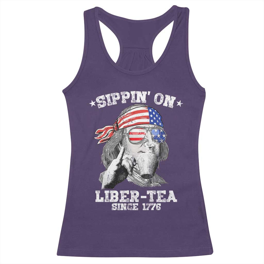 Funny 4th Of July Racerback Tank Top Sippin On Liber Tea Liberty Ben Franklin 1776 USA Flag - Wonder Print Shop