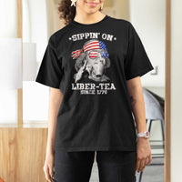Funny 4th Of July T Shirt For Women Sippin On Liber Tea Liberty Ben Franklin 1776 USA Flag - Wonder Print Shop