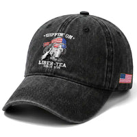 Funny 4th Of July Washed Cotton Baseball Cap Sippin On Liber Tea Liberty Ben Franklin 1776 USA Flag