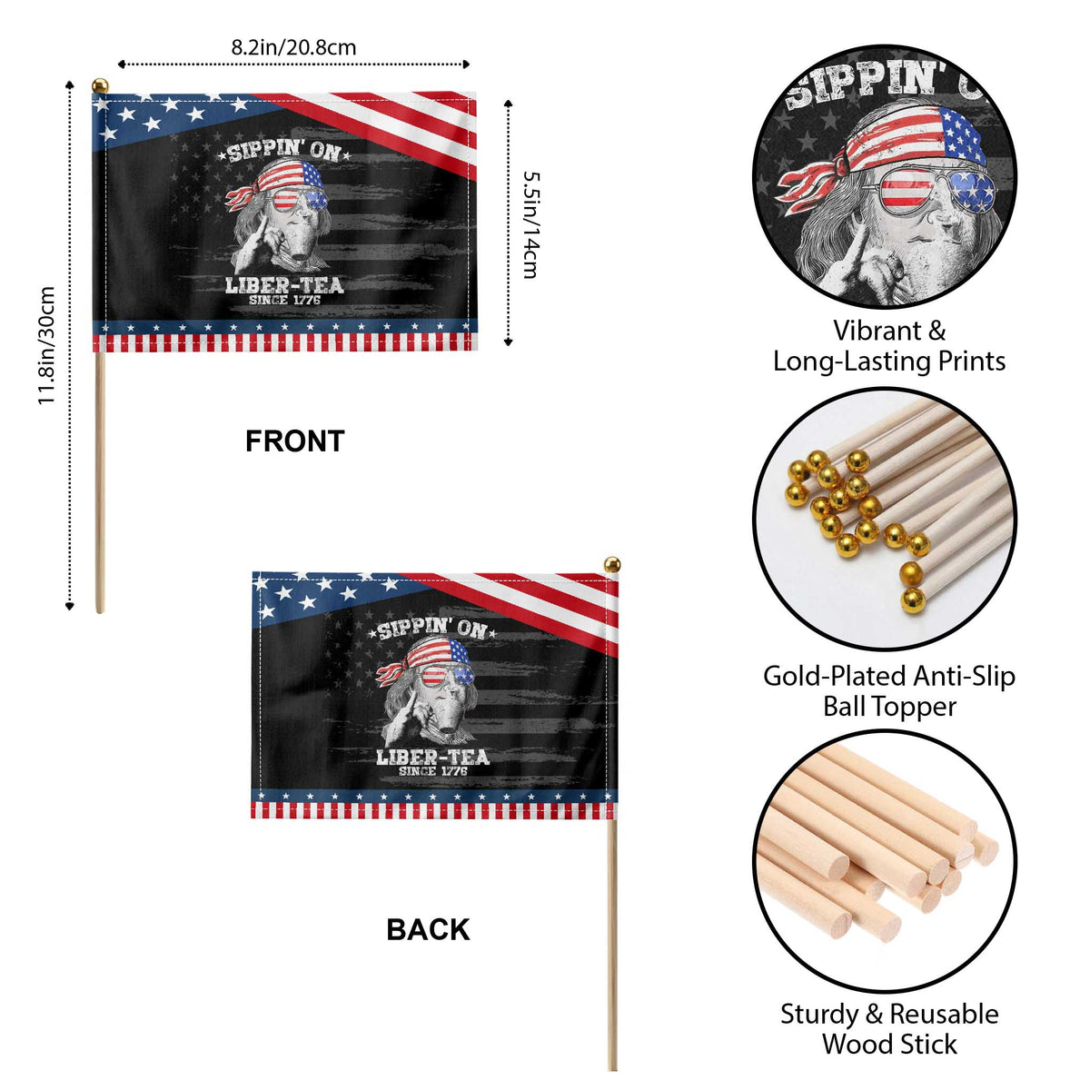Funny 4th Of July Patriotic Handheld Flag Sippin On Liber Tea Liberty Ben Franklin 1776 USA Flag