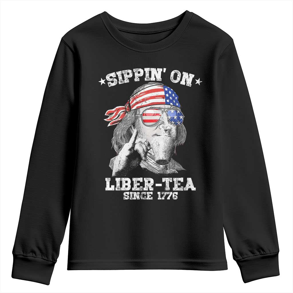 Funny 4th Of July Youth Sweatshirt Sippin On Liber Tea Liberty Ben Franklin 1776 USA Flag - Wonder Print Shop