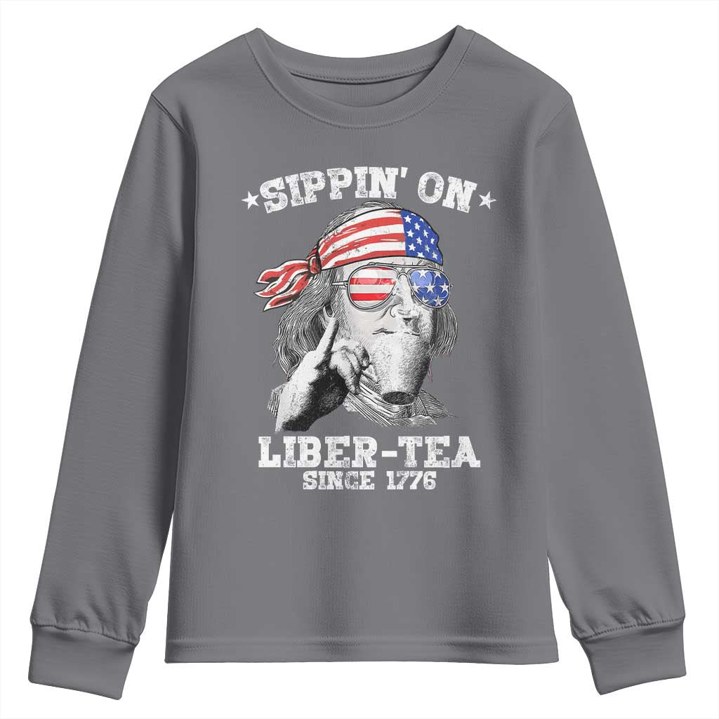Funny 4th Of July Youth Sweatshirt Sippin On Liber Tea Liberty Ben Franklin 1776 USA Flag - Wonder Print Shop