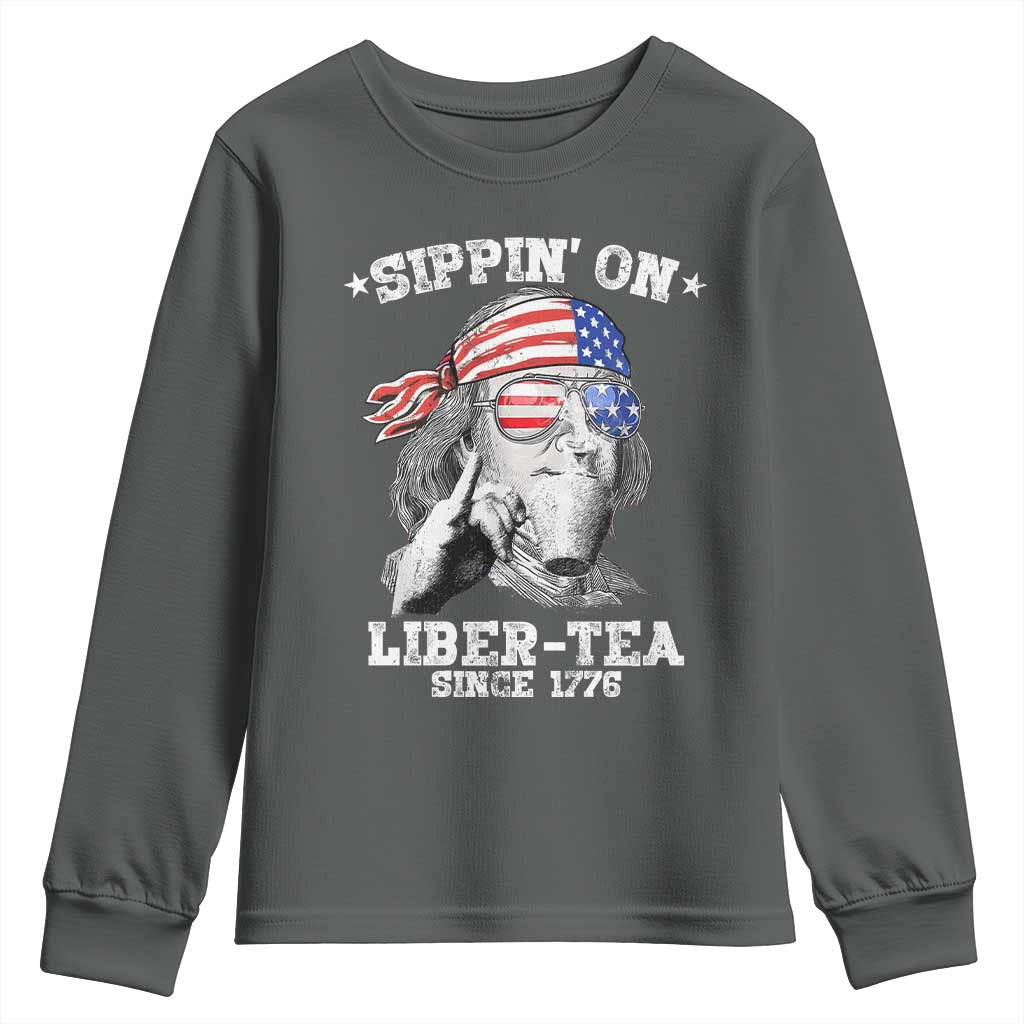 Funny 4th Of July Youth Sweatshirt Sippin On Liber Tea Liberty Ben Franklin 1776 USA Flag - Wonder Print Shop