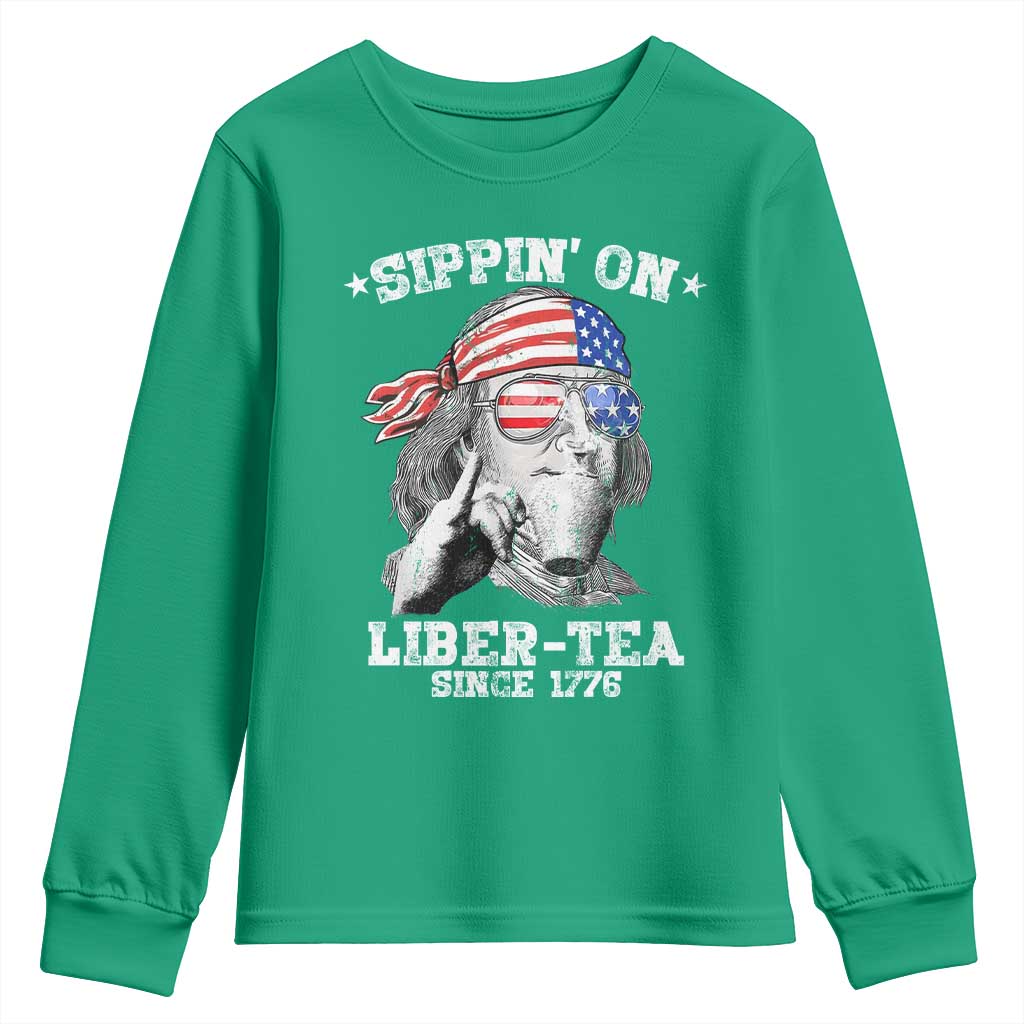 Funny 4th Of July Youth Sweatshirt Sippin On Liber Tea Liberty Ben Franklin 1776 USA Flag - Wonder Print Shop