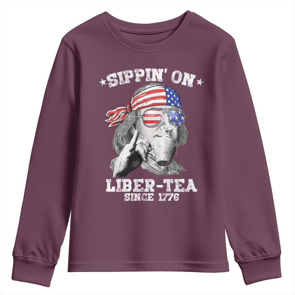 Funny 4th Of July Youth Sweatshirt Sippin On Liber Tea Liberty Ben Franklin 1776 USA Flag - Wonder Print Shop