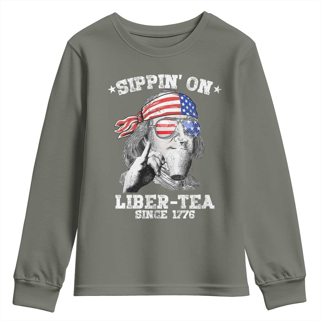 Funny 4th Of July Youth Sweatshirt Sippin On Liber Tea Liberty Ben Franklin 1776 USA Flag - Wonder Print Shop
