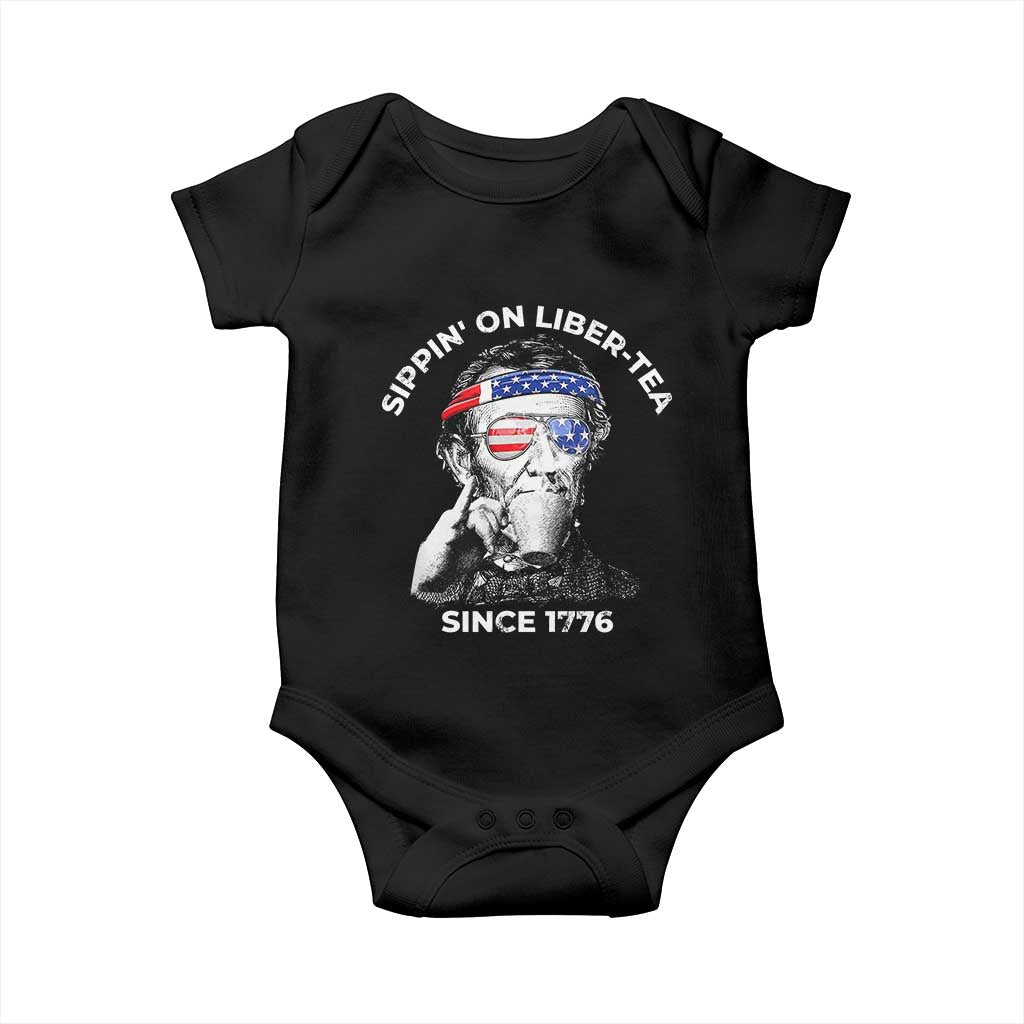 Funny 4th Of July Baby Onesie Sippin On Liber Tea Liberty Abe Lincoln 1776 USA Flag - Wonder Print Shop