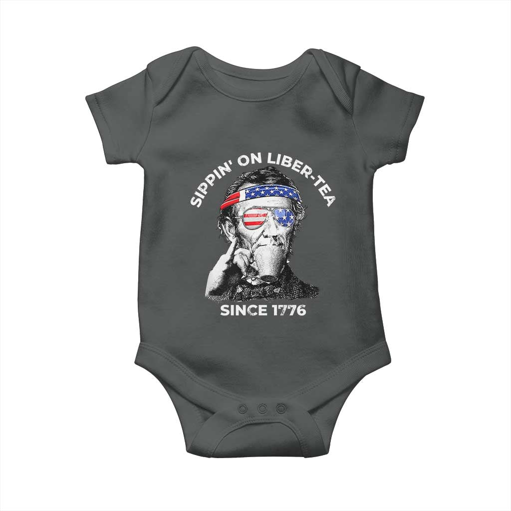 Funny 4th Of July Baby Onesie Sippin On Liber Tea Liberty Abe Lincoln 1776 USA Flag - Wonder Print Shop