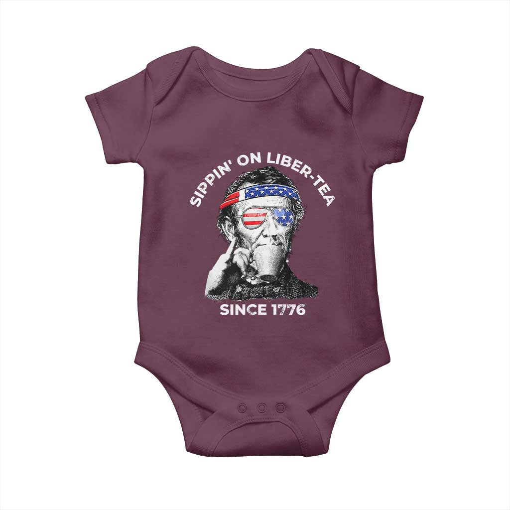 Funny 4th Of July Baby Onesie Sippin On Liber Tea Liberty Abe Lincoln 1776 USA Flag - Wonder Print Shop