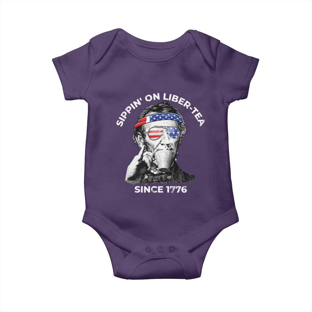 Funny 4th Of July Baby Onesie Sippin On Liber Tea Liberty Abe Lincoln 1776 USA Flag - Wonder Print Shop