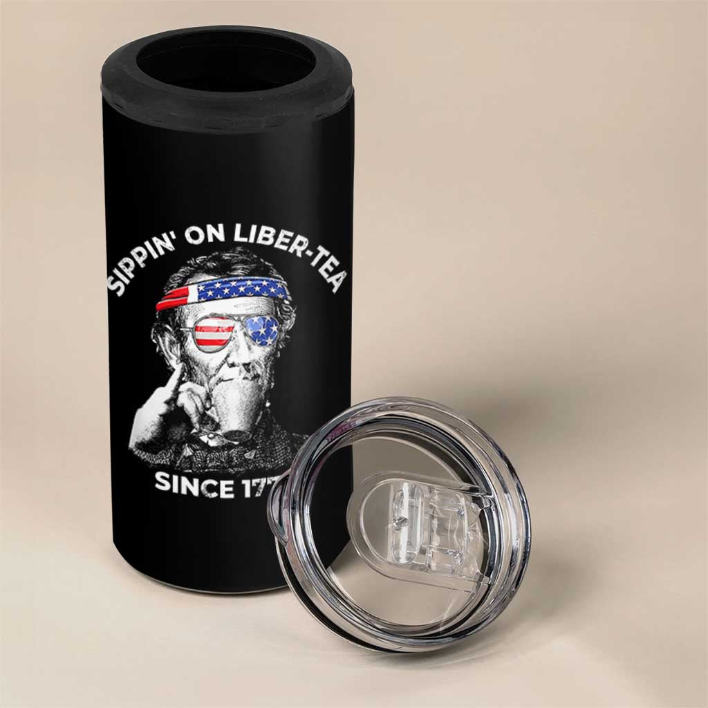 Funny 4th Of July 4 in 1 Can Cooler Tumbler Sippin On Liber Tea Liberty Abe Lincoln 1776 USA Flag - Wonder Print Shop
