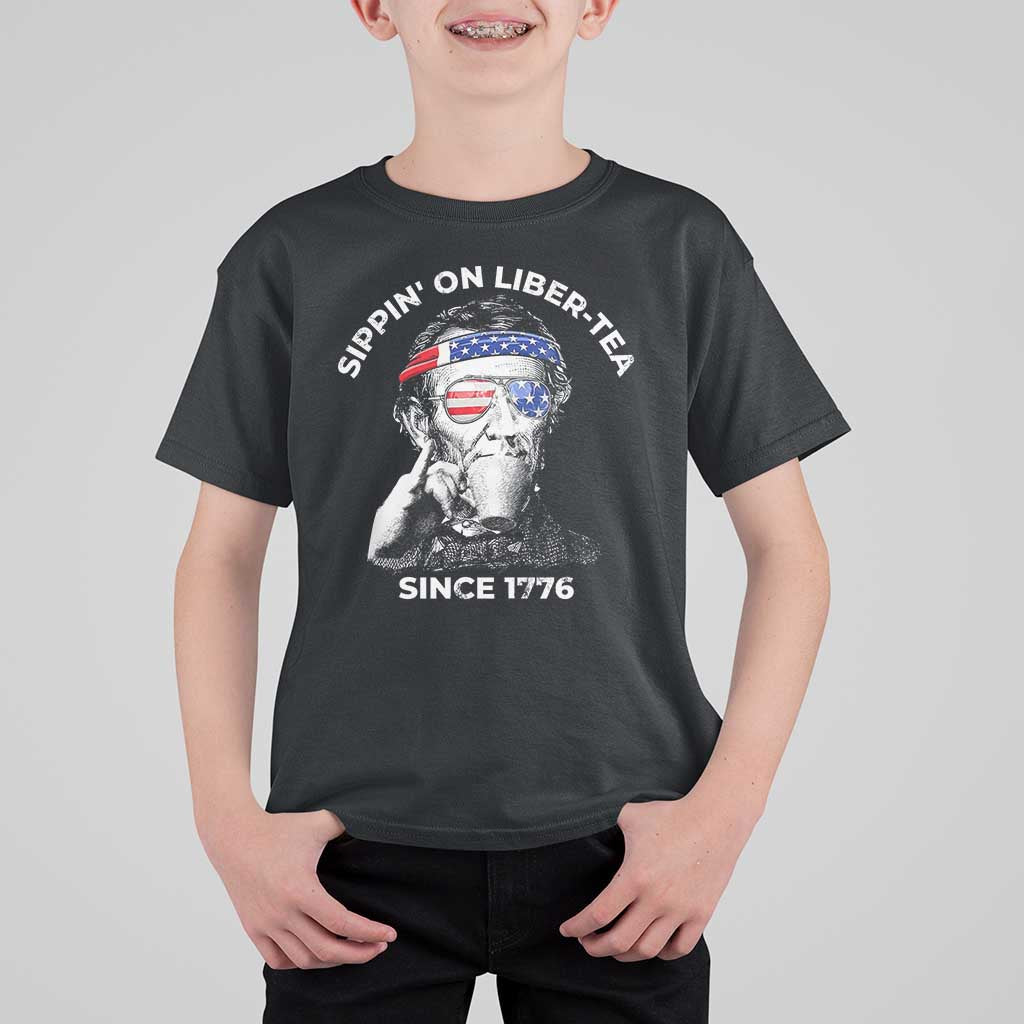 Funny 4th Of July T Shirt For Kid Sippin On Liber Tea Liberty Abe Lincoln 1776 USA Flag - Wonder Print Shop