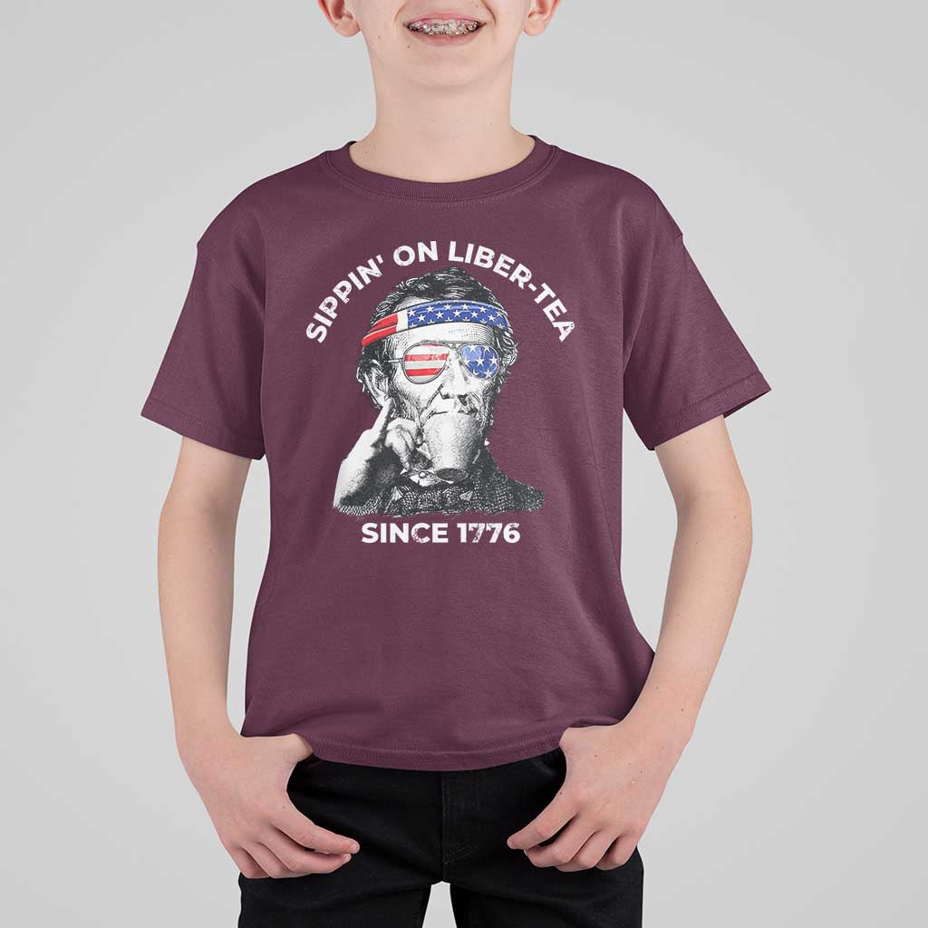 Funny 4th Of July T Shirt For Kid Sippin On Liber Tea Liberty Abe Lincoln 1776 USA Flag - Wonder Print Shop