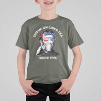 Funny 4th Of July T Shirt For Kid Sippin On Liber Tea Liberty Abe Lincoln 1776 USA Flag - Wonder Print Shop
