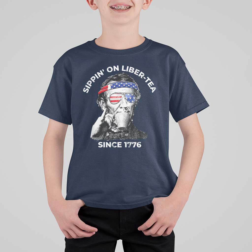 Funny 4th Of July T Shirt For Kid Sippin On Liber Tea Liberty Abe Lincoln 1776 USA Flag - Wonder Print Shop