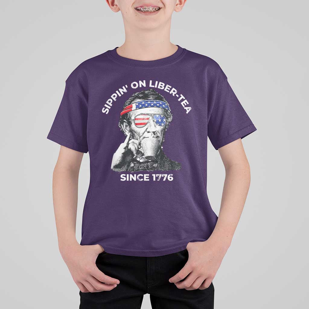 Funny 4th Of July T Shirt For Kid Sippin On Liber Tea Liberty Abe Lincoln 1776 USA Flag - Wonder Print Shop