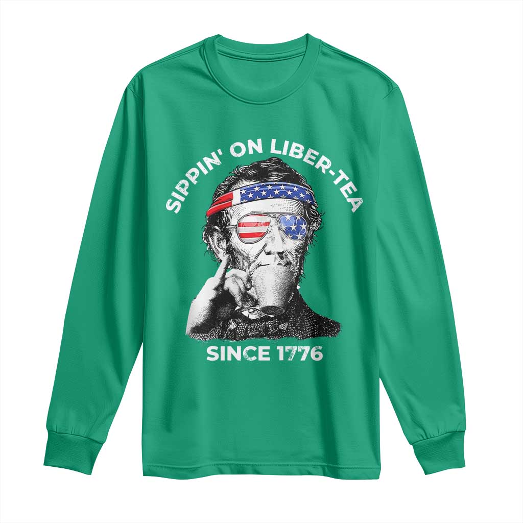 Funny 4th Of July Long Sleeve Shirt Sippin On Liber Tea Liberty Abe Lincoln 1776 USA Flag - Wonder Print Shop