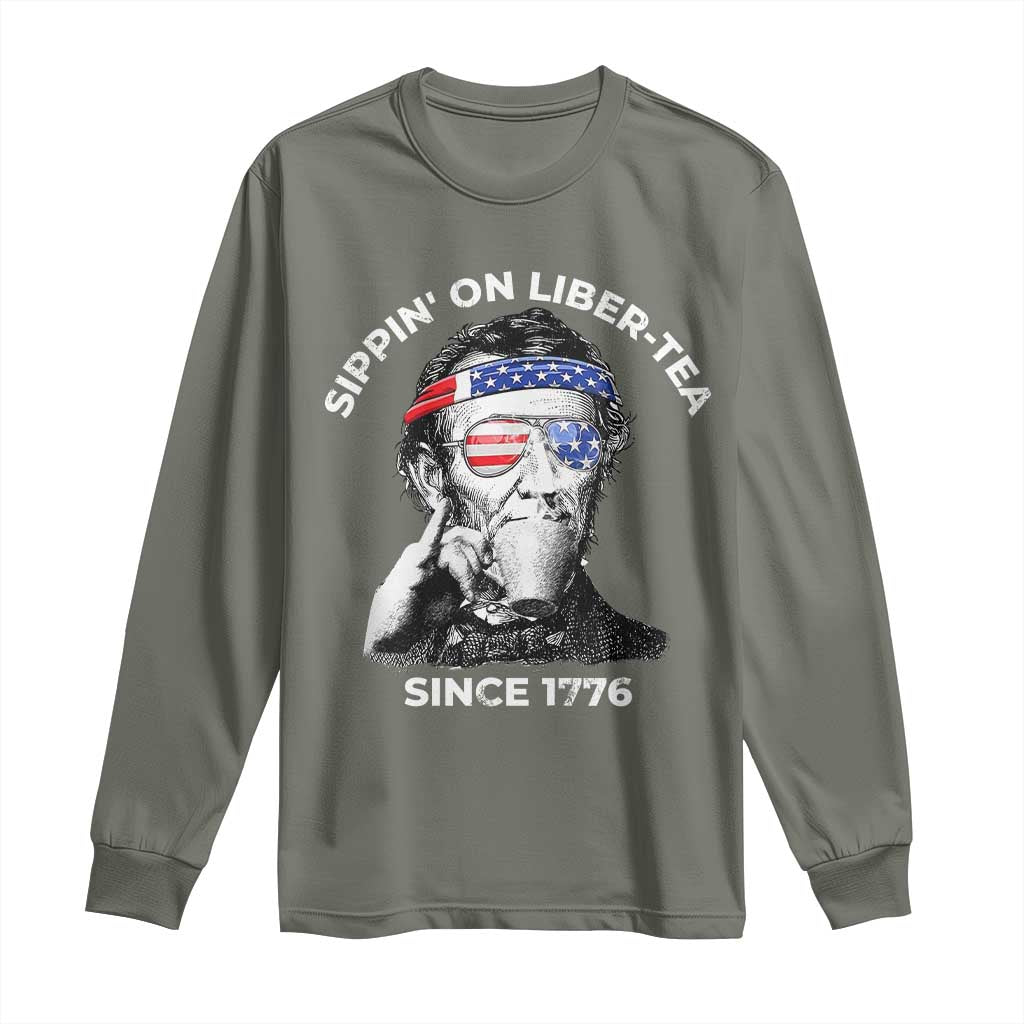 Funny 4th Of July Long Sleeve Shirt Sippin On Liber Tea Liberty Abe Lincoln 1776 USA Flag - Wonder Print Shop