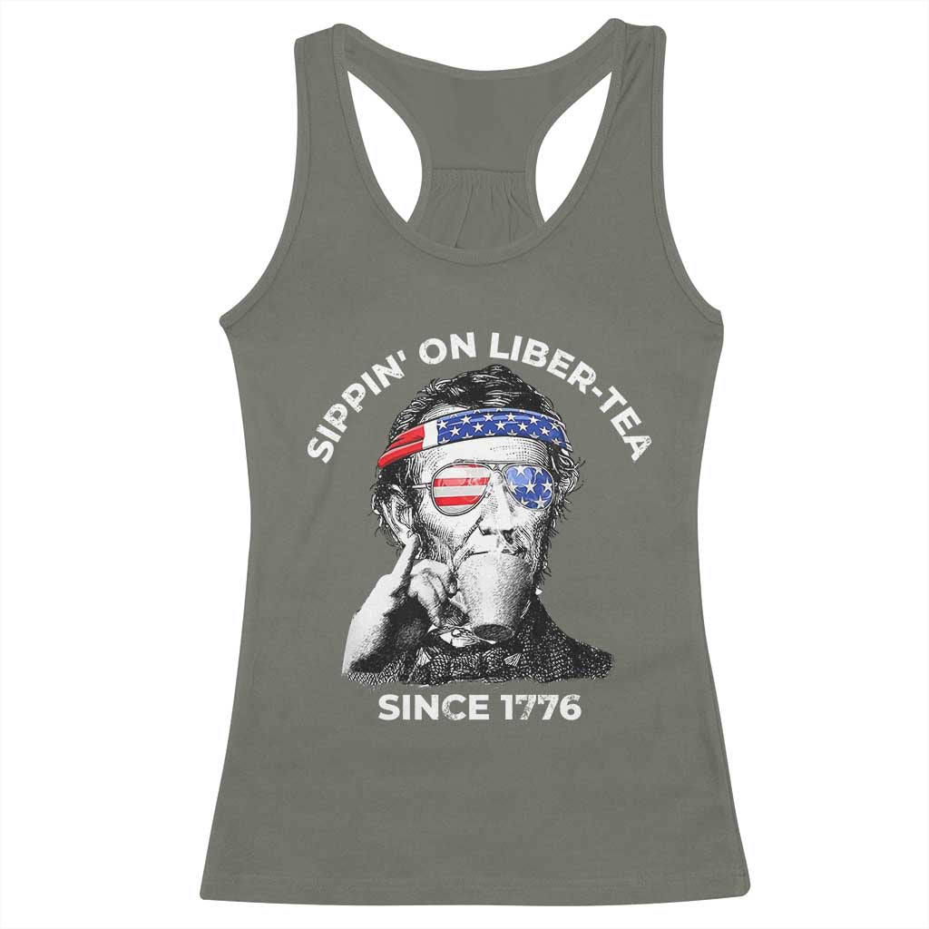 Funny 4th Of July Racerback Tank Top Sippin On Liber Tea Liberty Abe Lincoln 1776 USA Flag - Wonder Print Shop