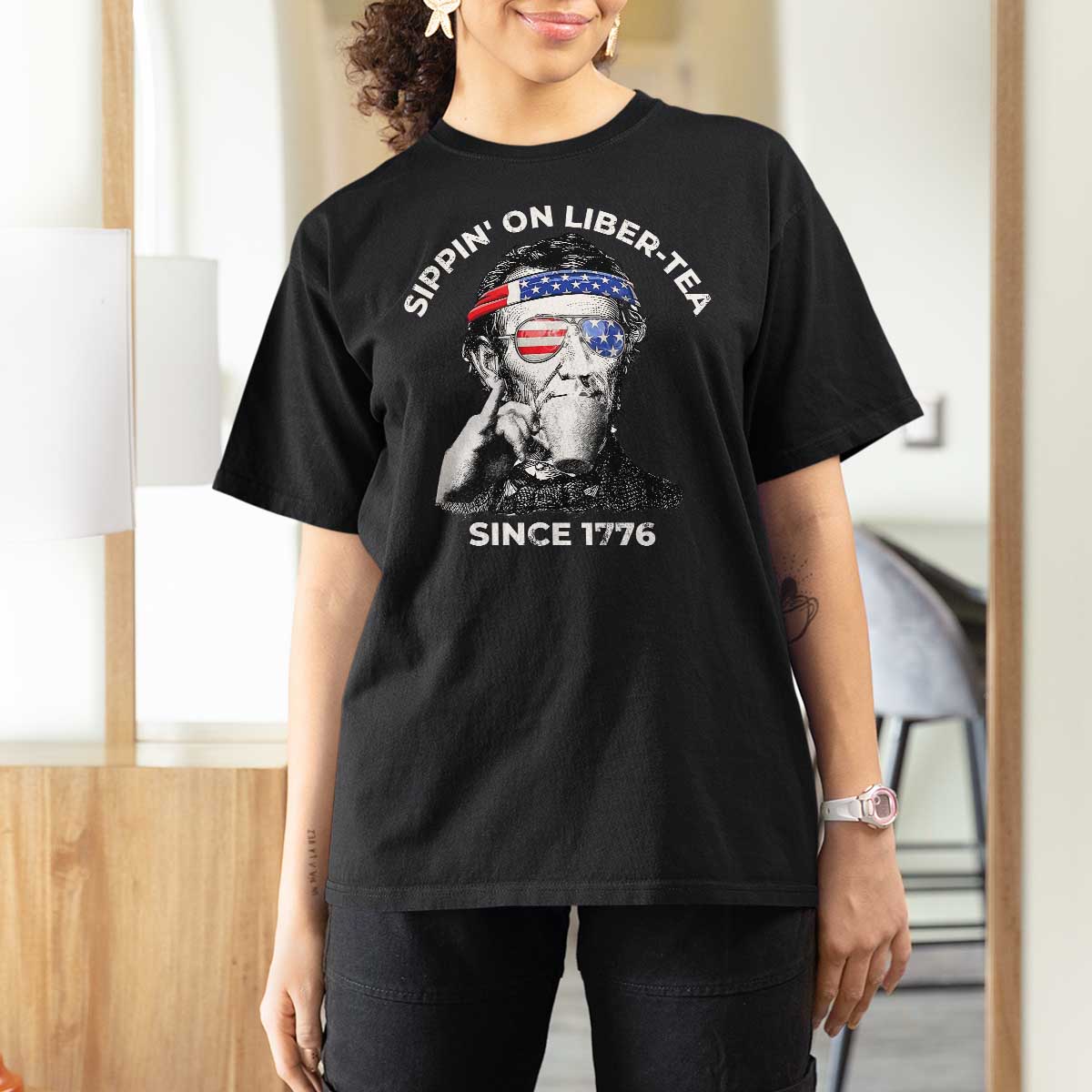 Funny 4th Of July T Shirt For Women Sippin On Liber Tea Liberty Abe Lincoln 1776 USA Flag - Wonder Print Shop