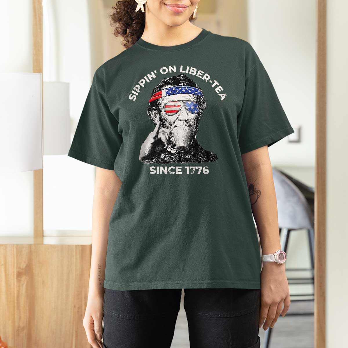 Funny 4th Of July T Shirt For Women Sippin On Liber Tea Liberty Abe Lincoln 1776 USA Flag - Wonder Print Shop