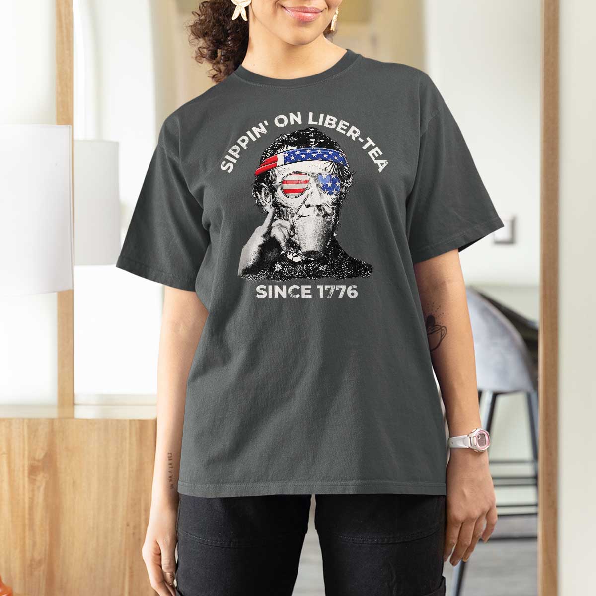 Funny 4th Of July T Shirt For Women Sippin On Liber Tea Liberty Abe Lincoln 1776 USA Flag - Wonder Print Shop