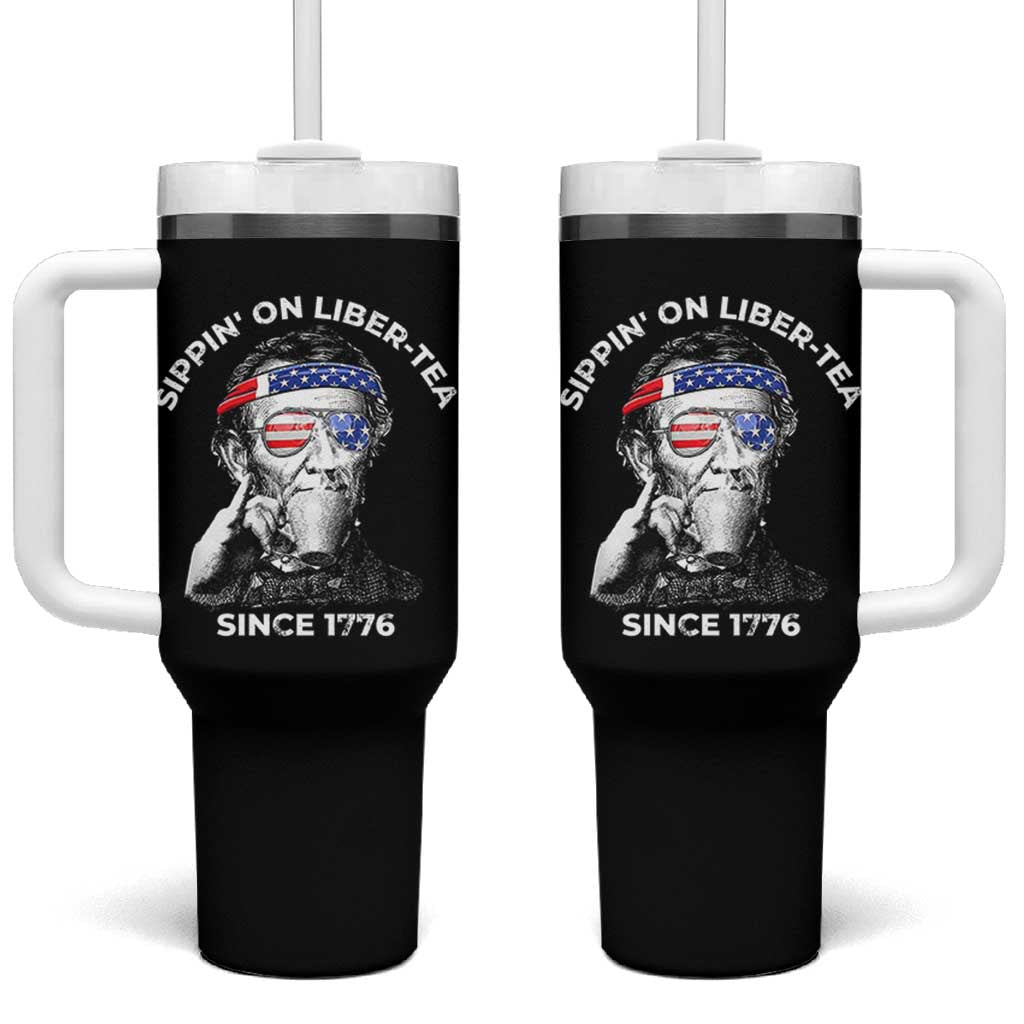 Funny 4th Of July Tumbler With Handle Sippin On Liber Tea Liberty Abe Lincoln 1776 USA Flag - Wonder Print Shop