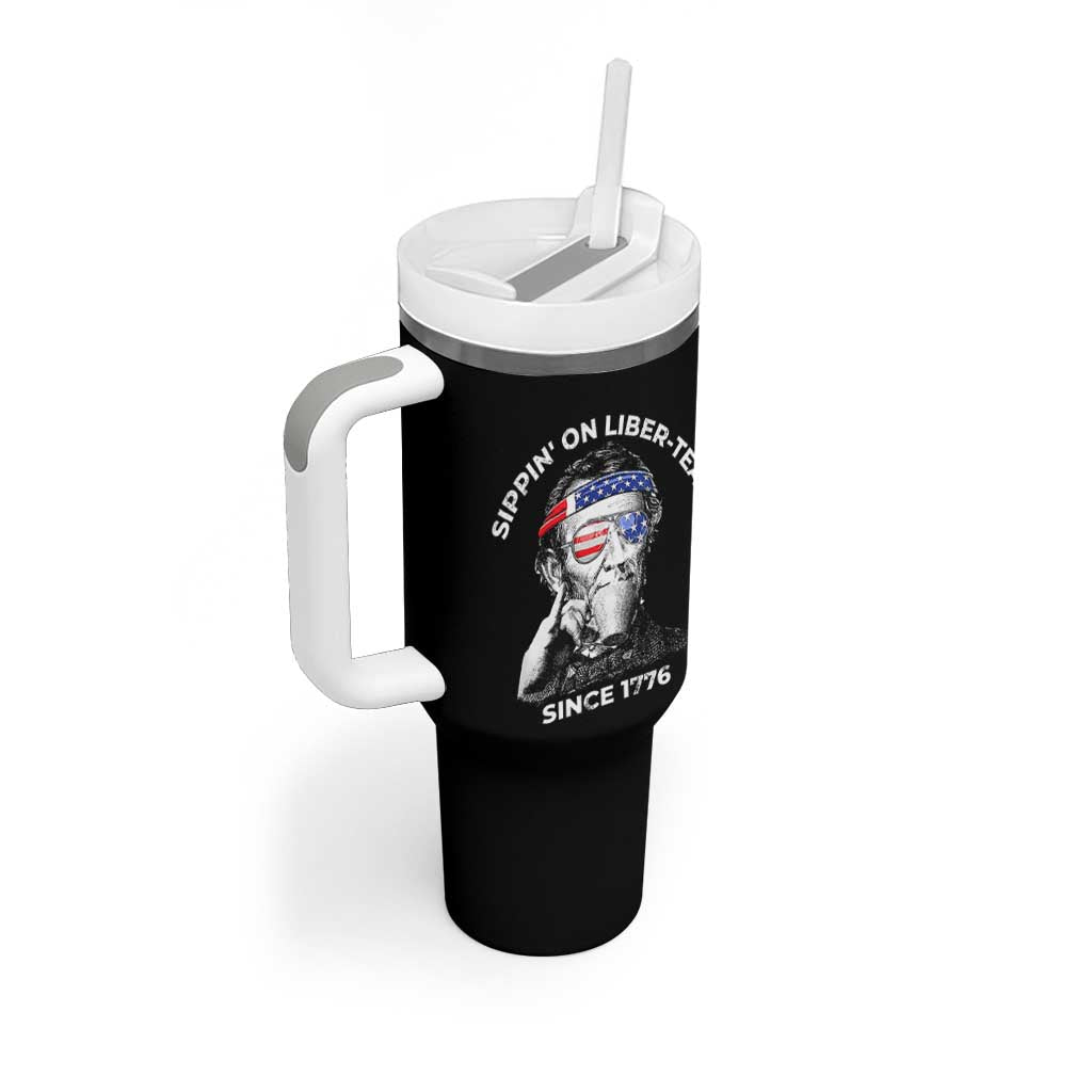 Funny 4th Of July Tumbler With Handle Sippin On Liber Tea Liberty Abe Lincoln 1776 USA Flag - Wonder Print Shop