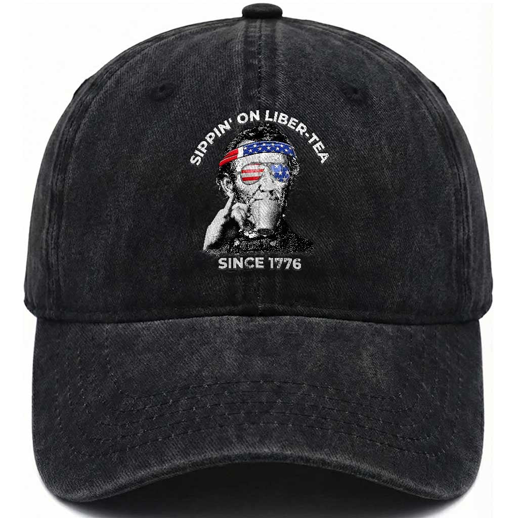 Funny 4th Of July Washed Cotton Baseball Cap Sippin On Liber Tea Liberty Abe Lincoln 1776 USA Flag