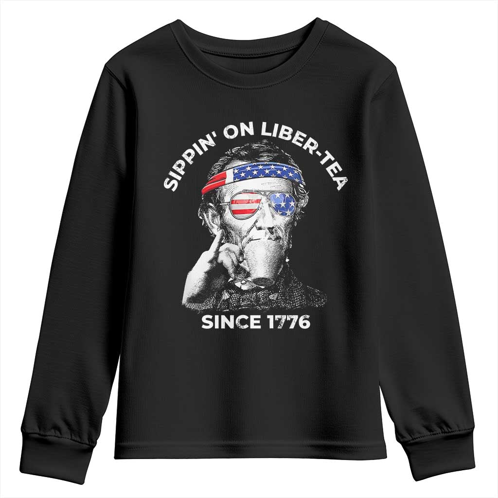 Funny 4th Of July Youth Sweatshirt Sippin On Liber Tea Liberty Abe Lincoln 1776 USA Flag - Wonder Print Shop