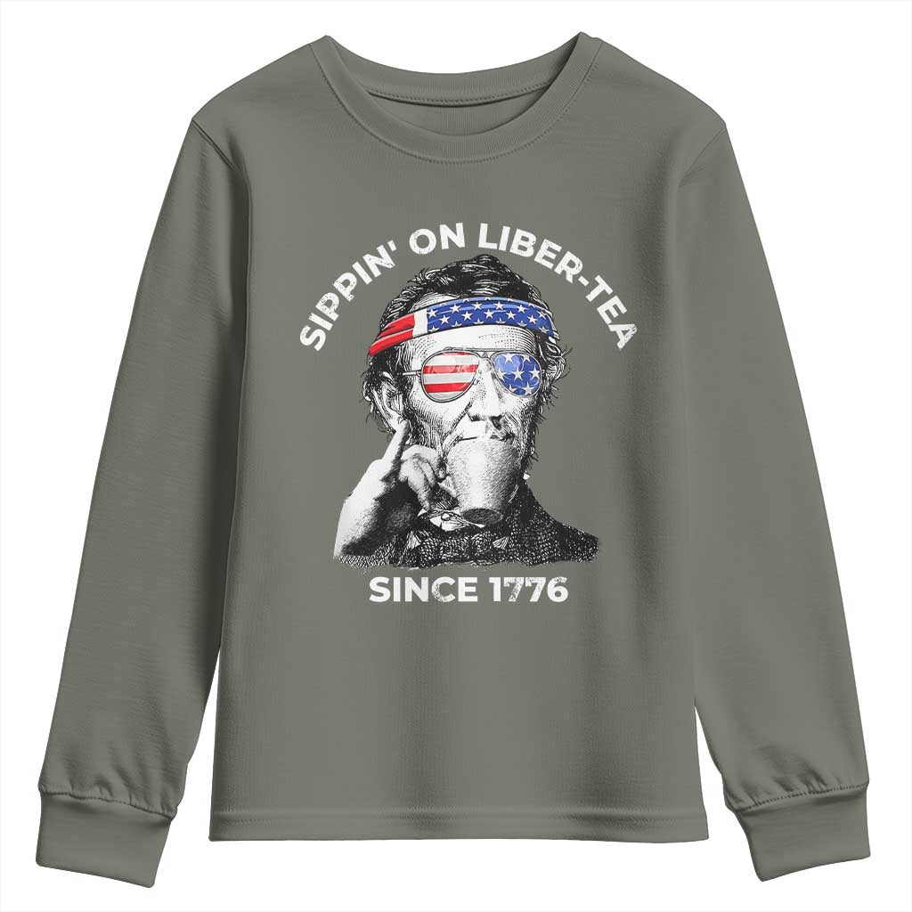 Funny 4th Of July Youth Sweatshirt Sippin On Liber Tea Liberty Abe Lincoln 1776 USA Flag - Wonder Print Shop