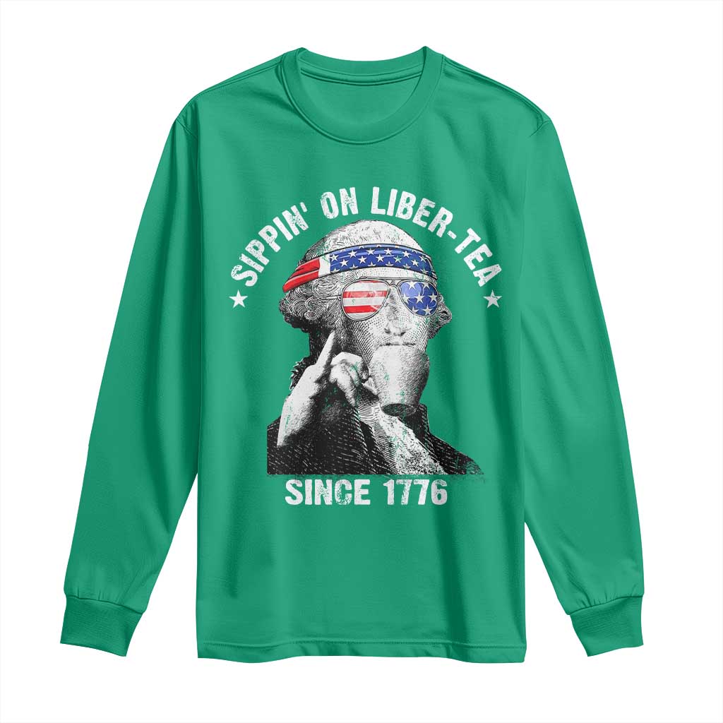 Funny George Washington Long Sleeve Shirt 4th Of July Sippin On Liber Tea Liberty American Flag 1776 - Wonder Print Shop