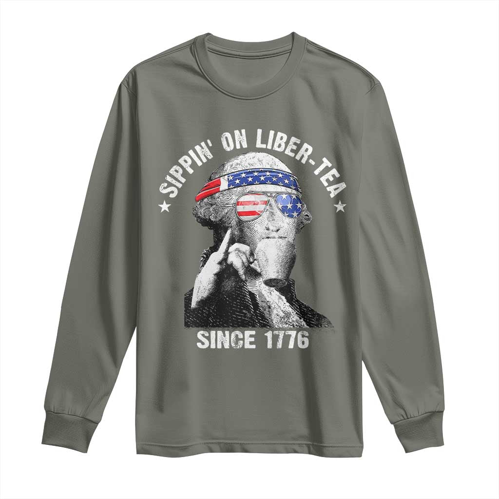 Funny George Washington Long Sleeve Shirt 4th Of July Sippin On Liber Tea Liberty American Flag 1776 - Wonder Print Shop