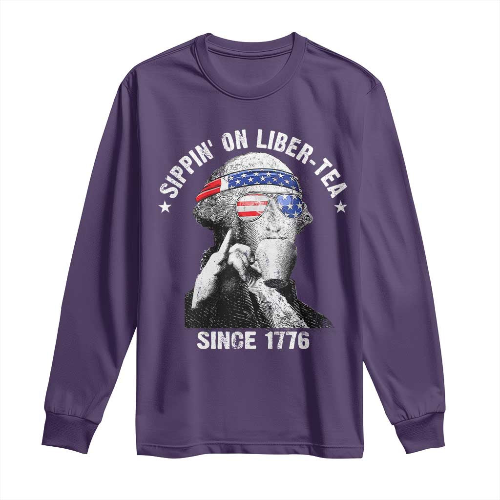 Funny George Washington Long Sleeve Shirt 4th Of July Sippin On Liber Tea Liberty American Flag 1776 - Wonder Print Shop