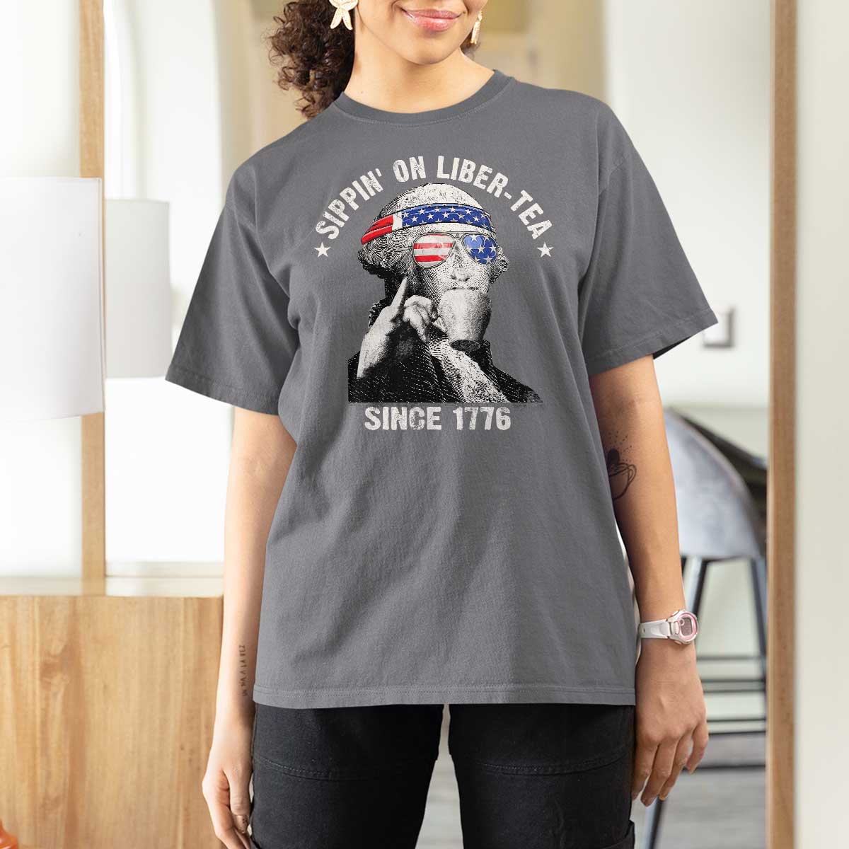 Funny George Washington T Shirt For Women 4th Of July Sippin On Liber Tea Liberty American Flag 1776 - Wonder Print Shop