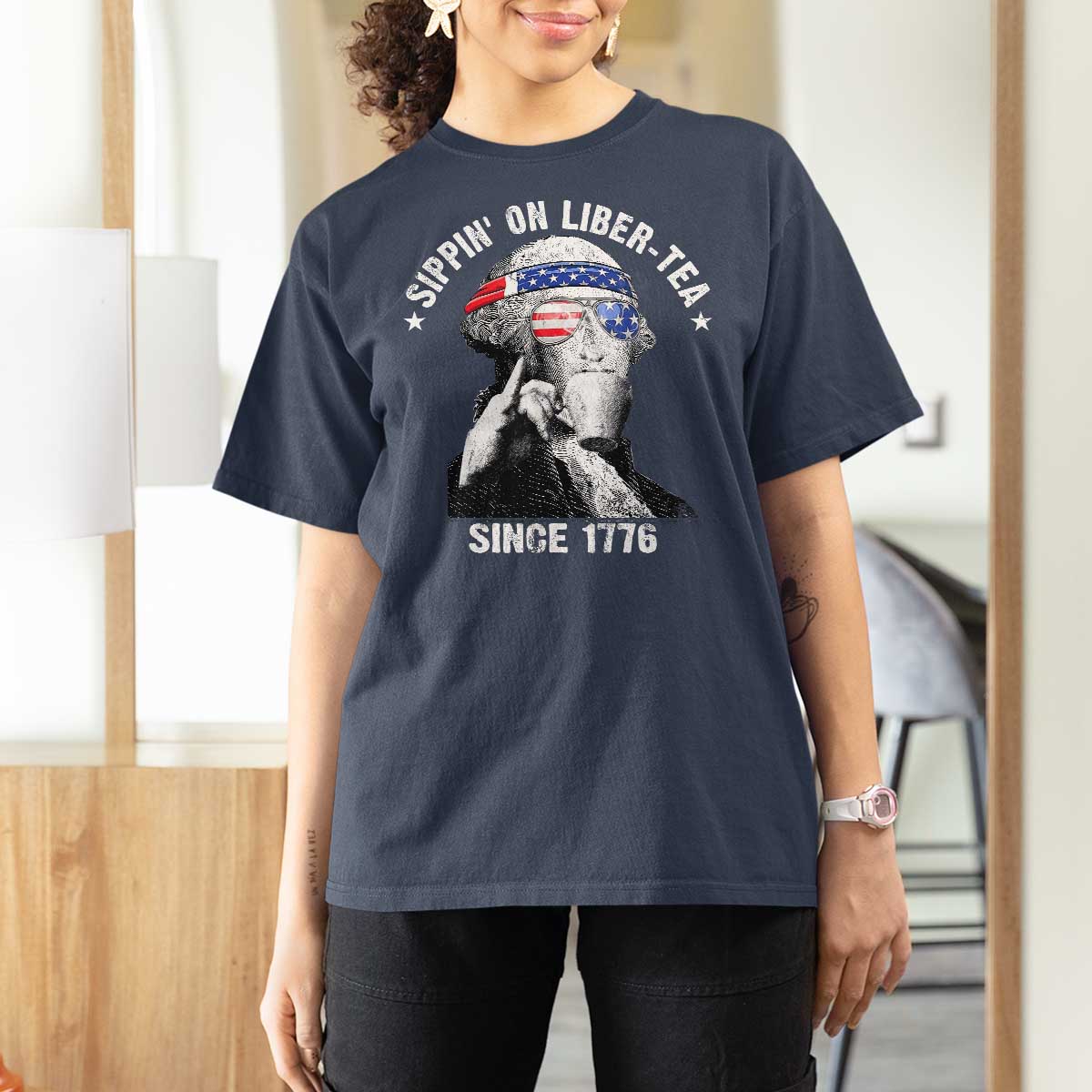 Funny George Washington T Shirt For Women 4th Of July Sippin On Liber Tea Liberty American Flag 1776 - Wonder Print Shop