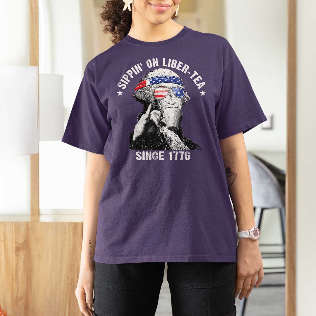 Funny George Washington T Shirt For Women 4th Of July Sippin On Liber Tea Liberty American Flag 1776 - Wonder Print Shop