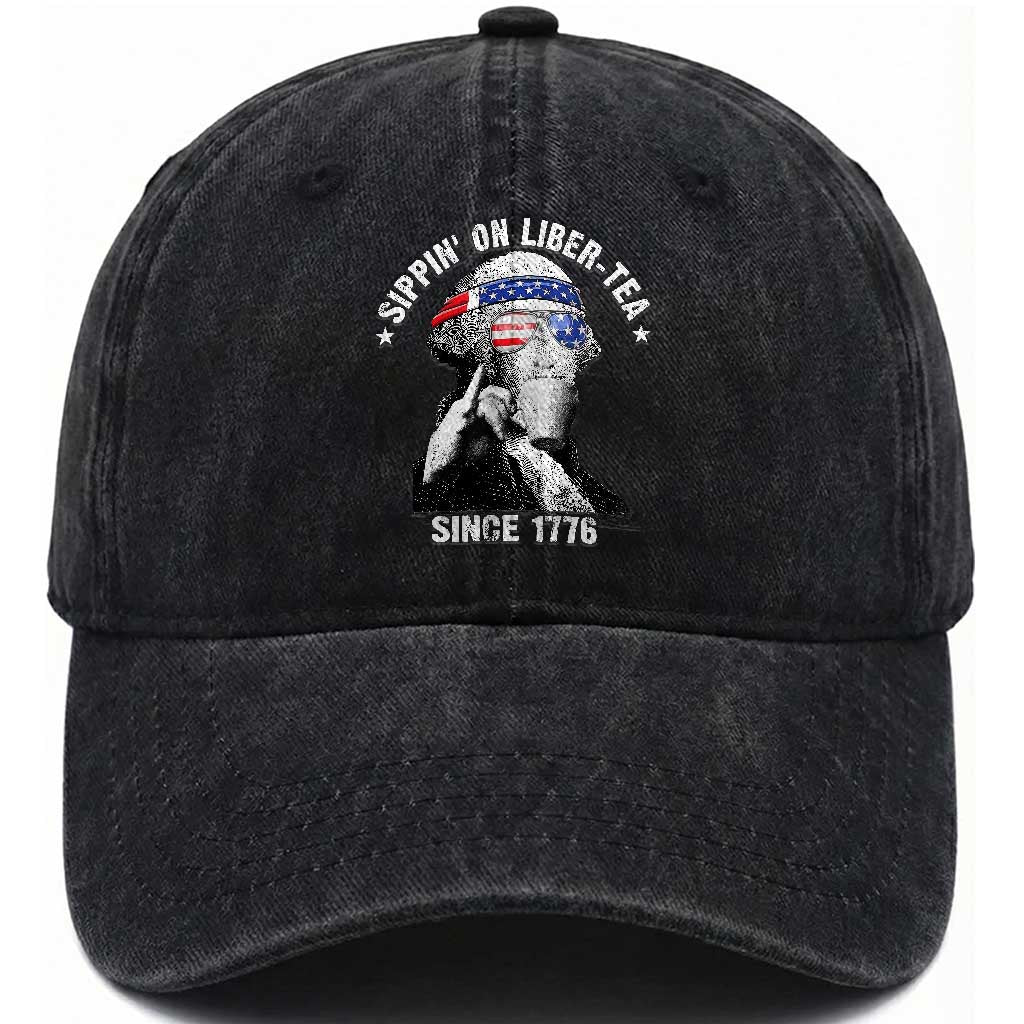Funny George Washington Washed Cotton Baseball Cap 4th Of July Sippin On Liber Tea Liberty American Flag 1776