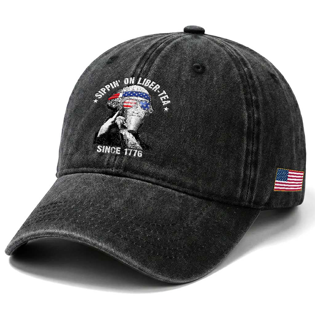 Funny George Washington Washed Cotton Baseball Cap 4th Of July Sippin On Liber Tea Liberty American Flag 1776