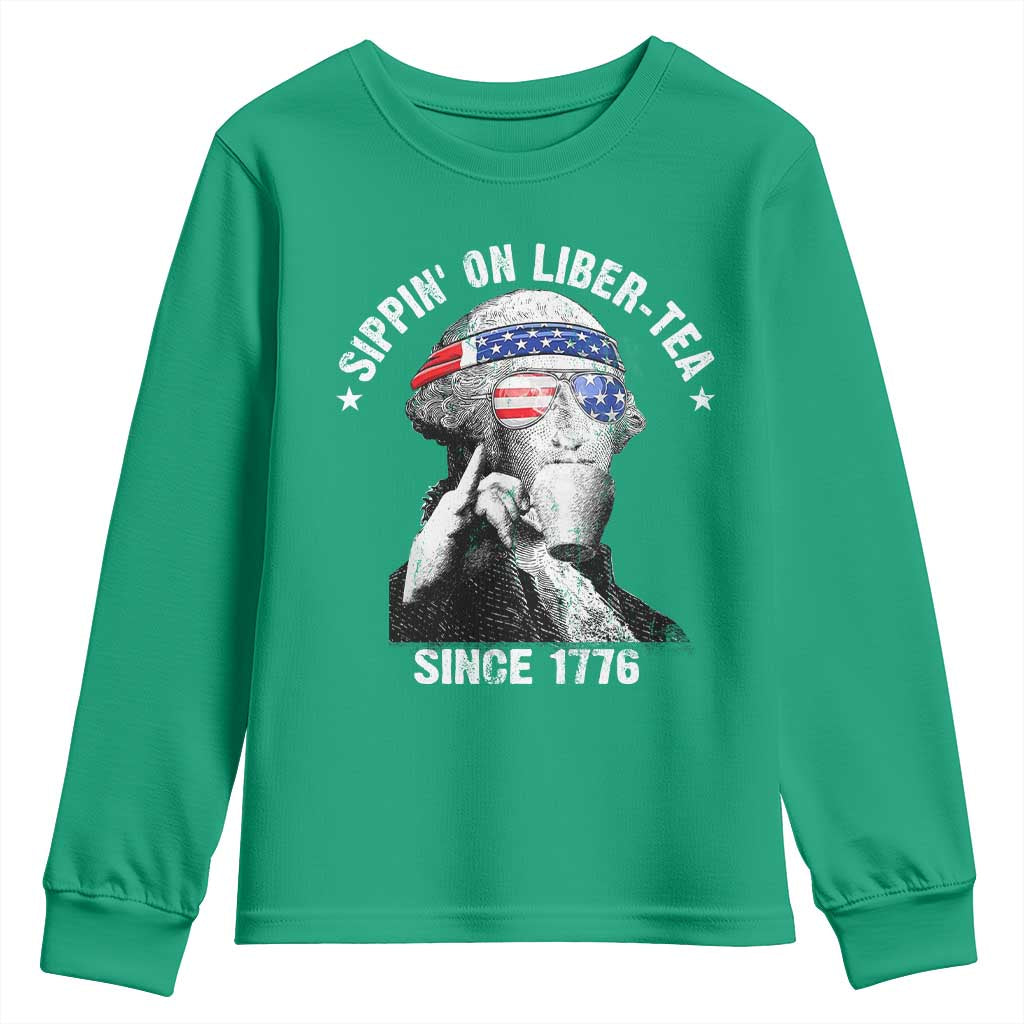 Funny George Washington Youth Sweatshirt 4th Of July Sippin On Liber Tea Liberty American Flag 1776 - Wonder Print Shop