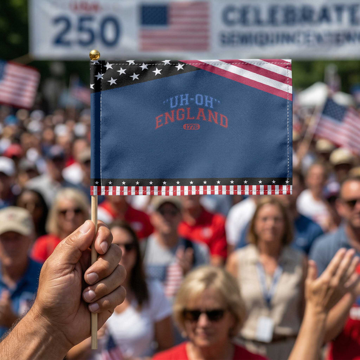 Funny 4th of July Patriotic Handheld Flag Uh Oh England 1776