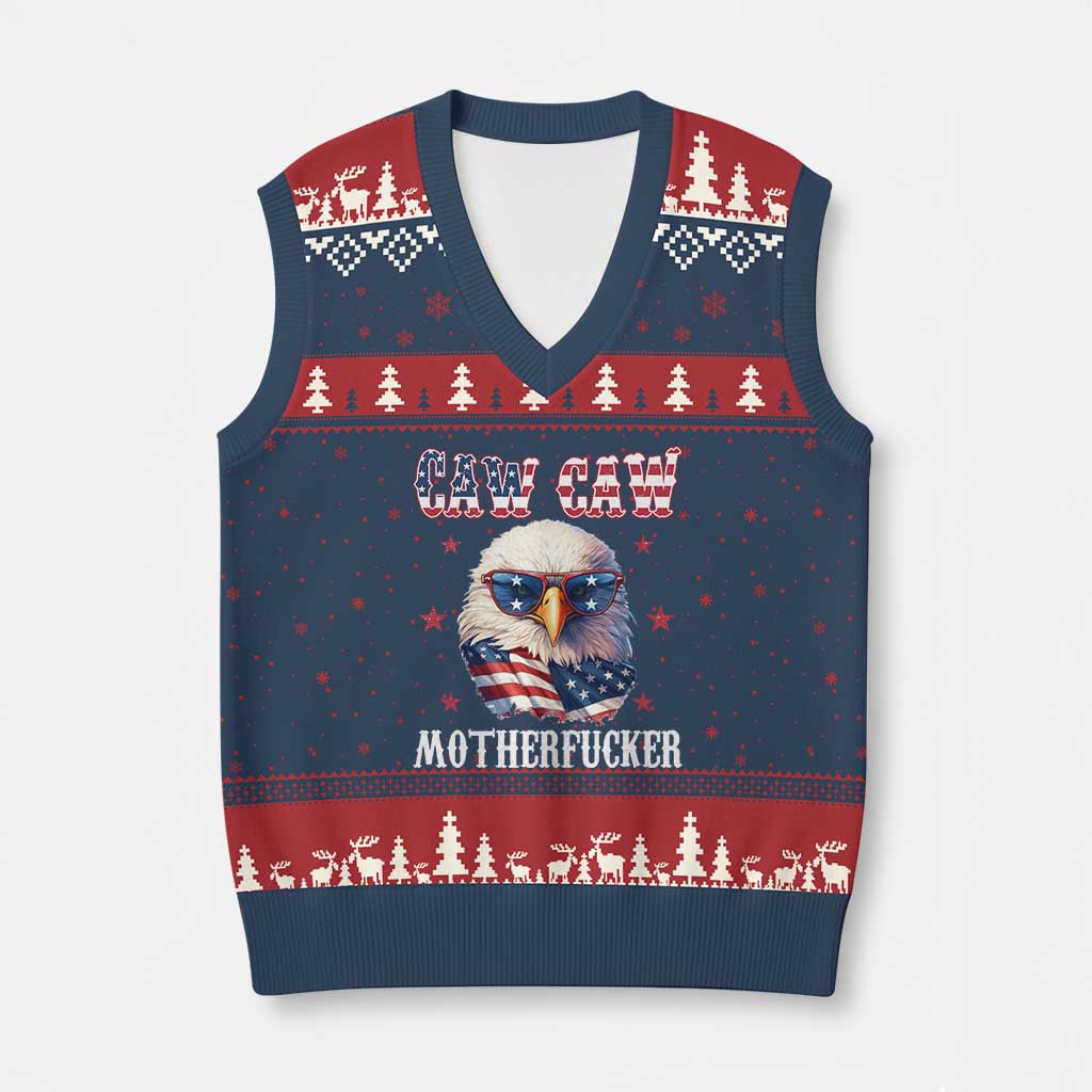Bald Eagle Patriotic V-Neck Knit Sweater Vest Caw Caw Motherfucker American Flag - Wonder Print Shop