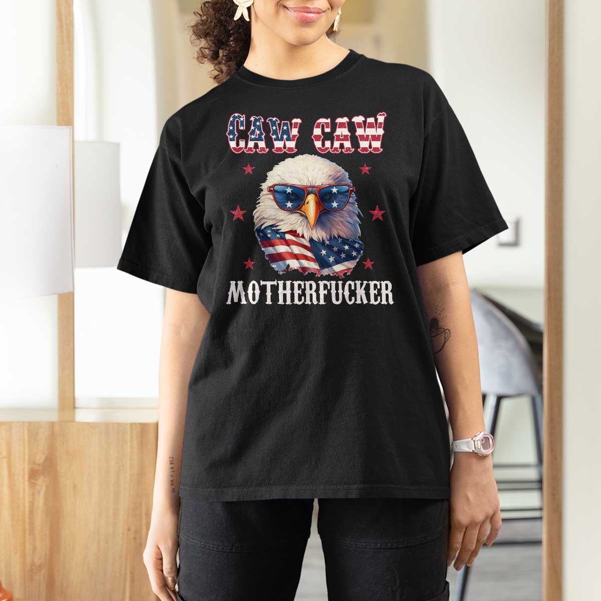 Bald Eagle Patriotic T Shirt For Women Caw Caw Motherfucker American Flag - Wonder Print Shop
