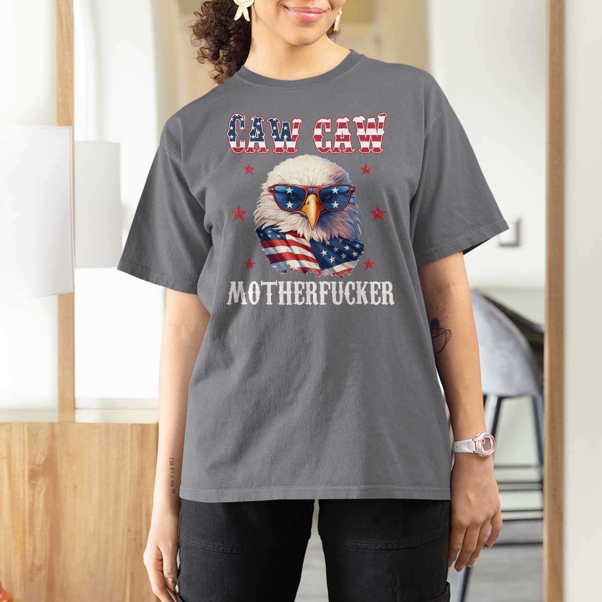 Bald Eagle Patriotic T Shirt For Women Caw Caw Motherfucker American Flag - Wonder Print Shop